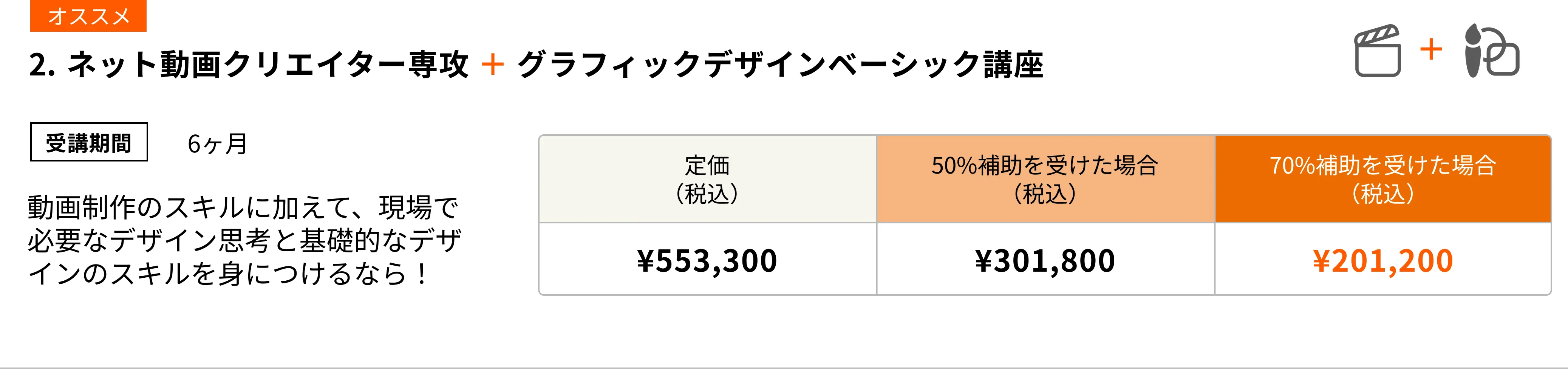 ネット動画クリエイター専攻 + グラフィックデザインベーシック講座(6ヶ月)動画制作のスキルに加えて、現場で必要なデザイン思考と基礎的なデザインのスキルを身につけるならこのコース!