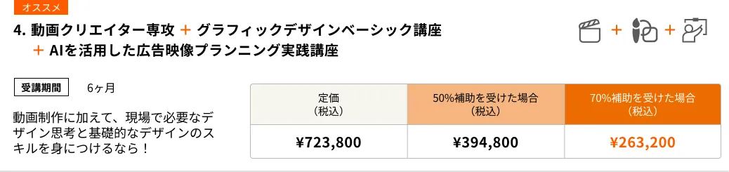 動画クリエイター専攻 + グラフィックデザインベーシック講座+AIを活用した広告映像プランニング実践講座(6ヶ月)動画制作のスキルに加え、AIを活用した広告映像の企画・提案までできるクリエイターを目指したいなら!