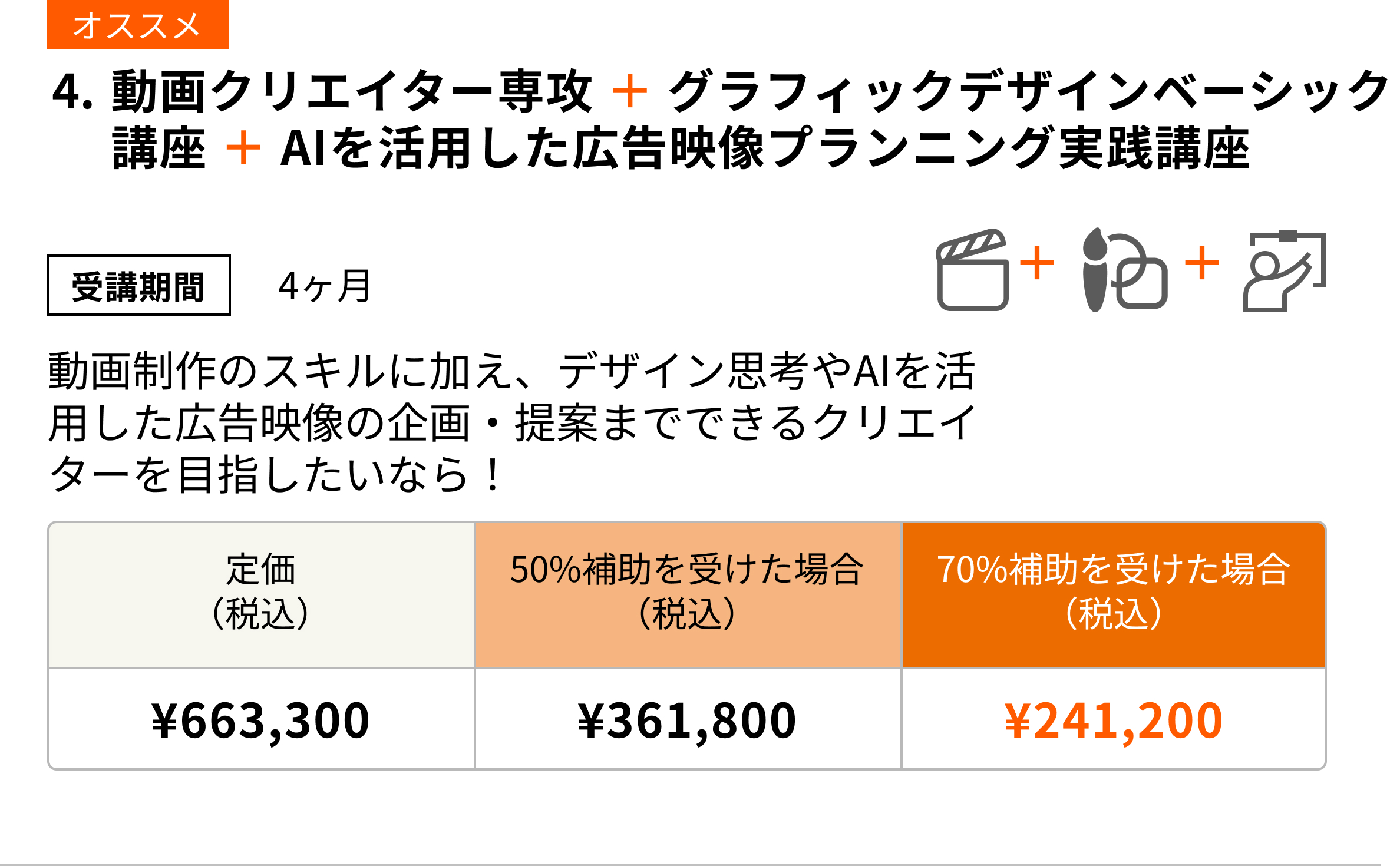 動画クリエイター専攻 ＋ グラフィックデザインベーシック講座 ＋ AIを活用した広告映像プランニング実践講座(6ヶ月) 動画制作のスキルに加え、デザイン思考やAIを活用した広告映像の企画・提案までできるクリエイターを目指したいなら！