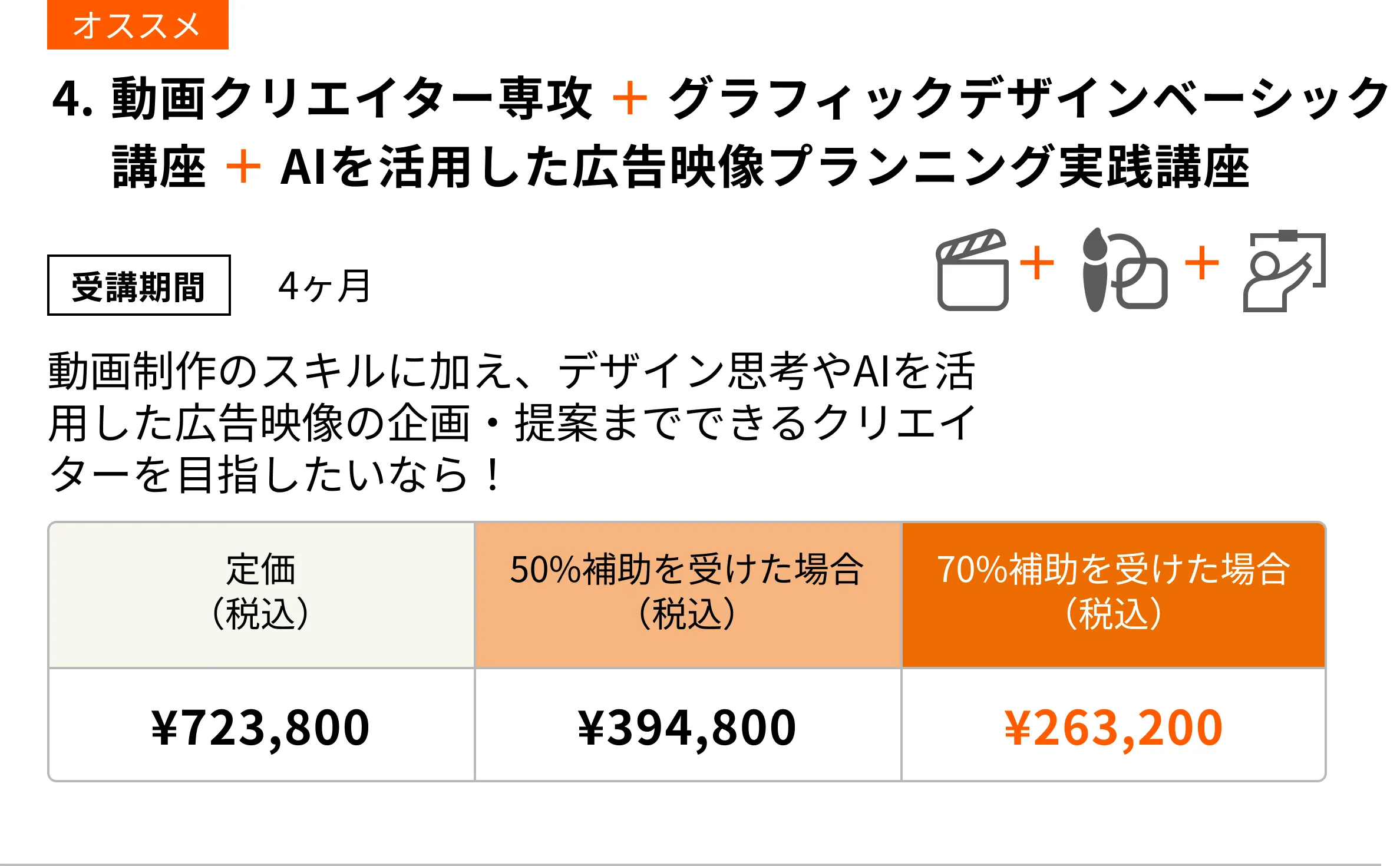 動画クリエイター専攻 + グラフィックデザインベーシック講座 + AIを活用した広告映像プランニング実践講座(6ヶ月) 動画制作のスキルに加え、デザイン思考やAIを活用した広告映像の企画・提案までできるクリエイターを目指したいなら!